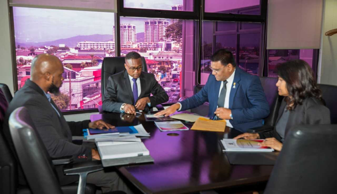 Newly-appointed Minister of Sport and Youth Affairs, the Honourable Phillip Watts (2nd from left) receives an update on the programmes offered to youth and athletes of Trinidad and Tobago by Permanent Secretary (Ag.) Narine Charran. Looking on are Deputy Permanent Secretary (Ag.) Mr. Gabre-Jesu Mc Tair (Sport), Deputy Permanent Secretary (Ag.) Savitri Balkaran (Youth Affairs)